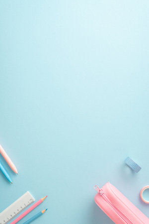 A vertical top-view image showcasing a neatly arranged setting of school supplies, including pencils, a ruler, and a pink pencil case on a pastel blue backgroundの写真素材