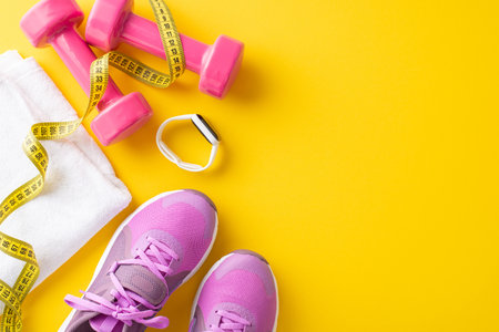Flat lay of pink fitness equipment including dumbbells, shoes, measuring tape, and a towel on a vibrant yellow backgroundの写真素材