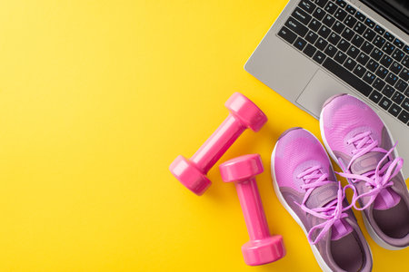 Top view of fitness equipment including pink dumbbells and sneakers next to a laptop on a bright yellow backgroundの写真素材