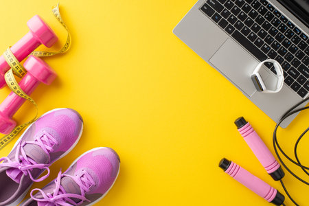 Training gear. Top view of sports shoes, hand weights, tape measure, fitness watch, laptop, and jump rope on yellow background with space for text or advertの写真素材