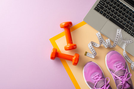 Top view of fitness equipment including dumbbells, measuring tape, and laptop alongside sneakers for a home workout sessionの写真素材