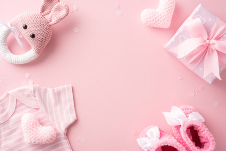 Flat lay of baby girl shower gifts including clothes, toys, and presents on a pink background. Perfect for celebrating a new arrivalの写真素材