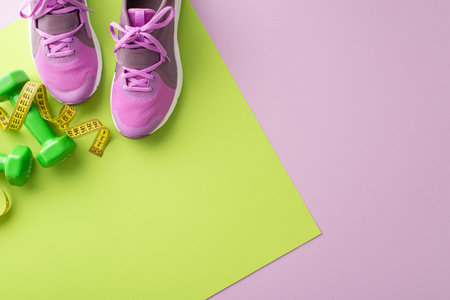 Workout gear setup. Top view of female gym shoes, dumbbells, yoga mat, tape measure on pastel purple background with space for text or advertの写真素材