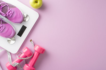 Workout setup. Flat lay top view of athletic sneakers, weights, measurement tape, scales, and an apple on lilac background with empty space for text or promotionの写真素材