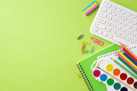 Top view of various school supplies including pencils, paper clips, and watercolors placed on a green backgroundの写真素材