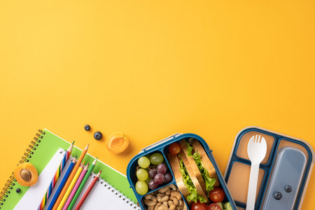Top view of a healthy school snack with a lunchbox, notebooks, and pencils on a vibrant yellow backgroundの写真素材