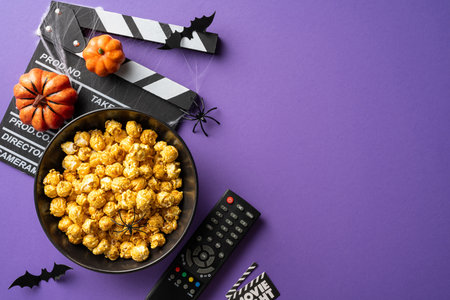 A bowl of popcorn, remote control, and Halloween decorations arranged on a purple background for a spooky movie nightの写真素材