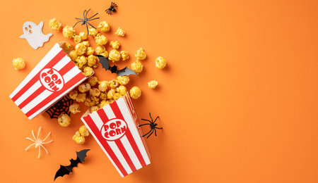 Popcorn and Halloween decorations including bats, ghosts, and spiders on an orange backgroundの写真素材