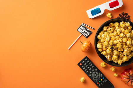 Halloween movie night setup with popcorn, 3D glasses, remote control, and autumn decorationsの写真素材