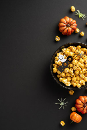 Bowl of caramel popcorn with vertical Halloween decorations, small pumpkins, and plastic spiders on a dark backgroundの写真素材