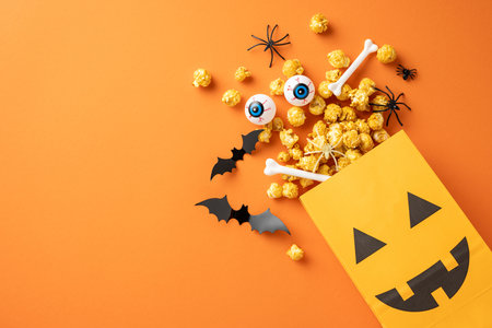 Halloween-themed popcorn with spooky decorations like bats, eyes, and bones spilling from a pumpkin bag on an orange backgroundの写真素材