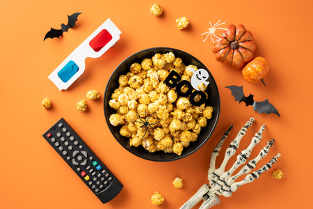 A fun Halloween movie night setup featuring popcorn, 3D glasses, skeleton hand, pumpkins, and Halloween decorations on an orange backgroundの写真素材
