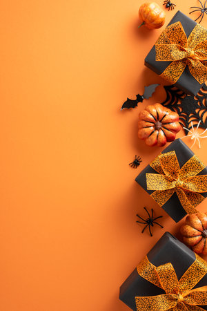 Halloween vertical themed presents with black gift boxes and orange ribbons surrounded by pumpkins and spooky decorations on an orange backgroundの写真素材