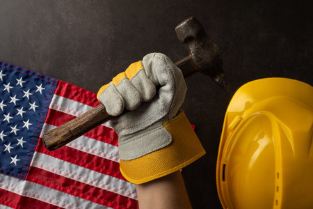 Close-up of a worker's hand gripping a hammer, symbolizing Labor Day in the USA, with an American flag and hard hat signifying strength and dedicationの写真素材