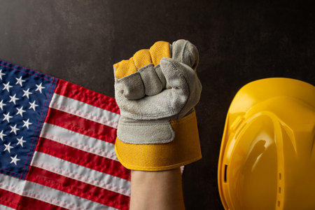 A raised fist in a work glove symbolizes strength and solidarity with a yellow hard hat and American flag representing Labor Day in the USAの写真素材