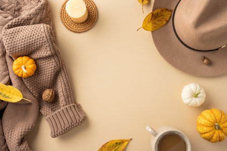 Warm autumn scene featuring a knitted sweater, pumpkins, a candle, and a cup of coffee, conveying a cozy fall atmosphereの写真素材