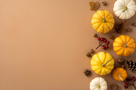 Bright yellow and white pumpkins with autumn leaves and berries on a warm brown background, representing fall harvest and seasonal beautyの写真素材