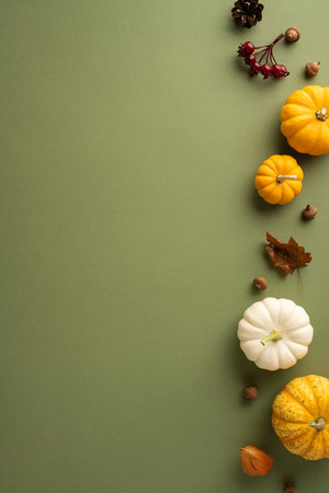 Assorted vertical pumpkins and autumn leaves arranged on a green background. Perfect for fall, harvest, and Thanksgiving themes, showing the colors and textures of the seasonの写真素材