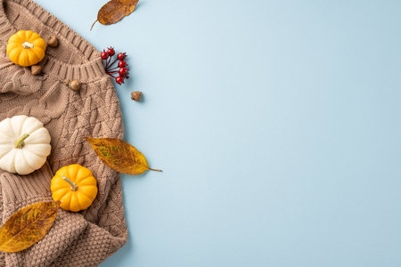 Cozy autumn scene featuring a knitted sweater, mini pumpkins, acorns, and colorful leaves on a light background, evoking warmth and fall vibesの写真素材