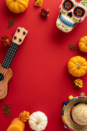 Vibrant Mexican Day of the Dead vertical setup featuring a festive skull, pumpkins, marigolds, and a small guitar on a red backgroundの写真素材
