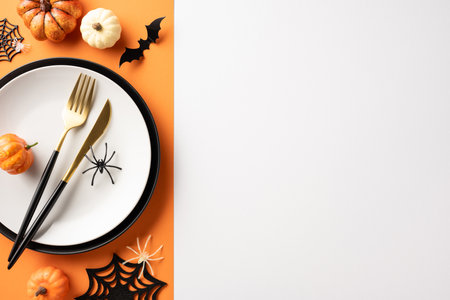 Halloween themed dinner table setting with pumpkins, spider decorations, and tableware in a festive arrangementの写真素材