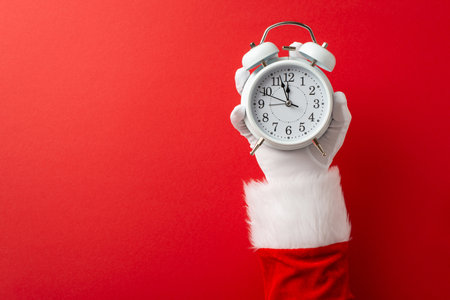A Santa Claus hand holding a vintage alarm clock against a red background symbolizing holiday countdown and festive anticipationの写真素材