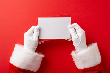 Santa Claus hands wearing white gloves holding a blank card on a vibrant red background, ideal for Christmas and holiday season themesの写真素材