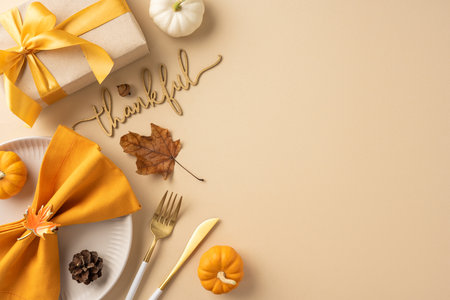 Flat lay of a Thanksgiving table setup with a gift box, decorative pumpkins, and autumn leaves creating a warm festive atmosphereの写真素材