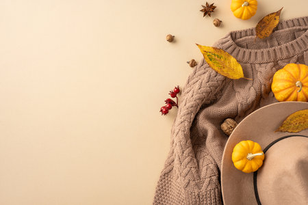 Flat lay of a warm knitted sweater, stylish hat, small pumpkins, and autumn leaves, evoking a cozy seasonal feelingの写真素材