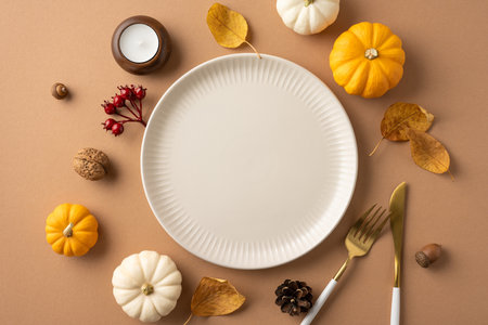 Flat lay of a Thanksgiving-themed table setting featuring mini pumpkins, autumn leaves, and a white plate on a brown backgroundの写真素材