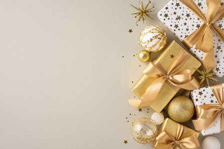 Luxurious Christmas gifts adorned with gold ribbons and star patterns, surrounded by festive ornaments for a sophisticated holiday celebrationの写真素材