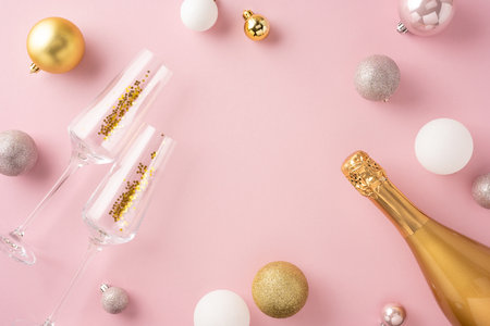 Elegant top view holiday scene featuring champagne glasses and festive ornaments on a pink background. Perfect for celebrating New Year and Christmasの写真素材