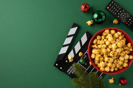 A holiday-themed setup featuring a bowl of popcorn, film clapperboard, remote, and Christmas ornaments on a green background. Perfect for cozy movie nights and festive celebrationsの写真素材
