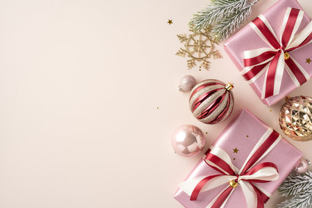 A collection of beautifully wrapped Christmas presents with elegant bows and festive ornaments, including baubles and pine branches, creating a festive holiday atmosphereの写真素材