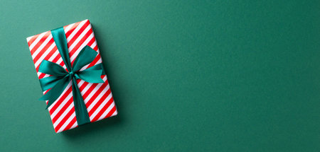 A beautifully wrapped Christmas gift box with red and white stripes and a green ribbon, placed on a green background, creating a festive holiday atmosphereの写真素材