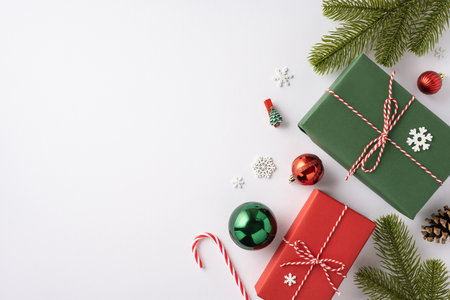 Christmas gifts wrapped in green and red paper with festive decorations, including candy canes and baubles, on a white backgroundの写真素材