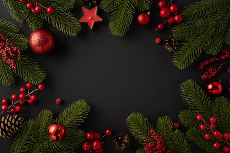 Top view of Christmas decorations including pine branches, red ornaments, and berries. A festive holiday arrangement with a black background, conveying warmth and celebrationの写真素材