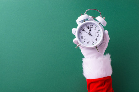 Santa Claus holds an alarm clock, symbolizing the countdown to Christmas on a festive green background. The image evokes holiday anticipation and excitementの写真素材
