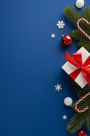 Christmas vertical present with a red ribbon surrounded by festive elements like pine branches, candy canes, and ornaments on a blue backgroundの写真素材