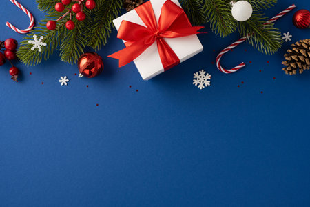 Christmas themed image featuring a wrapped gift with red ribbon, pine branches, ornaments, and candy canes on a blue backgroundの写真素材