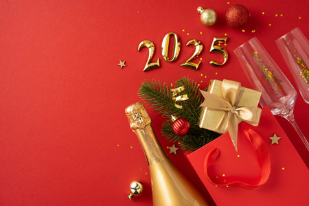 A vibrant New Year celebration setting with champagne, gifts, and decorations on a red background, featuring the year 2025. Perfect for conveying festive and celebratory moodsの写真素材