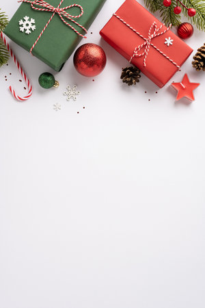 Top vertical view of wrapped Christmas gifts surrounded by festive decorations, pine branches, and ornaments on a white backgroundの写真素材