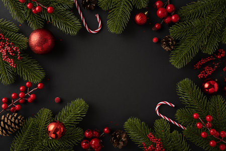 Festive Christmas decorations featuring pine branches, red ornaments, and candy canes arranged on a dark background. Perfect for holiday themes and seasonal celebrationsの写真素材
