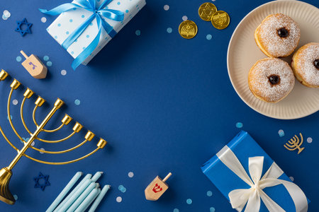 Festive Hanukkah scene showcasing a menorah, wrapped gifts, dreidels, and traditional donuts on a blue backgroundの写真素材