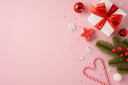 A beautifully wrapped Christmas gift with a red bow surrounded by ornaments, candy canes, and fir branches on a pink background creating a festive holiday sceneの写真素材
