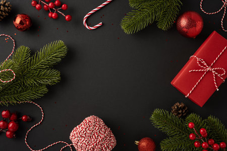 Top view of a festive Christmas arrangement featuring green branches, red berries, ornaments, and a wrapped gift on a dark backgroundの写真素材