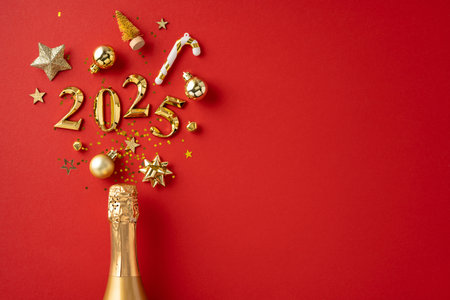 A champagne bottle with 2025 and gold decorations celebrate the New Year on a vibrant red backgroundの写真素材