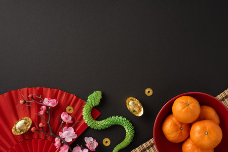Flat lay of traditional Chinese new year symbols with mandarin oranges, red fan, and gold coins on black background, symbolizing prosperity and celebrationの写真素材