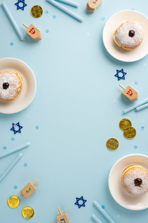 A top vertical view of a Hanukkah celebration setup with traditional donuts, dreidels, and gold coins on a blue background. Perfect for festive and cultural themesの写真素材