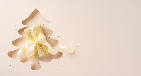 A beautifully top view wrapped Christmas gift box with a ribbon, set against a tree silhouette background. The image exudes elegance and holiday spirit, perfect for festive and Merry Christmas themesの写真素材
